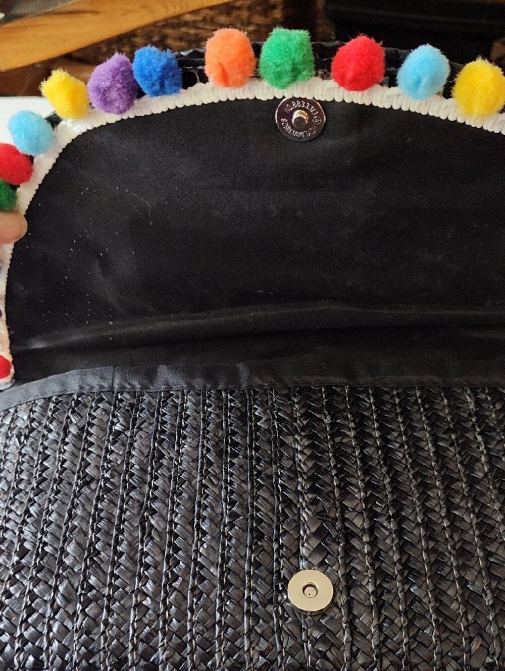 Black Straw Woven Multicolor Pom-Pom Clutch Purse - Picture 6 of 9